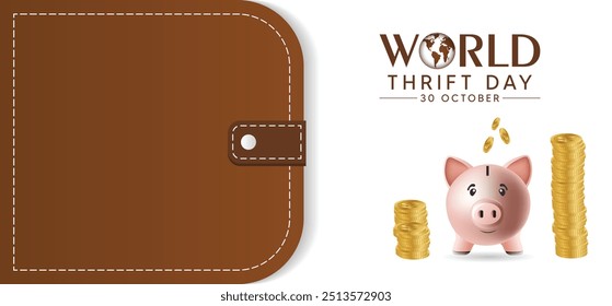 World Thrift Day 30 October wallet with piggy bank vector poster