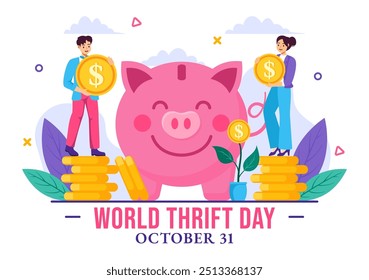 Ilustración vectorial del Día Mundial del Ahorro el 31 de octubre con una hucha y monedas para el ahorro, la educación financiera y la estabilidad económica en segundo plano