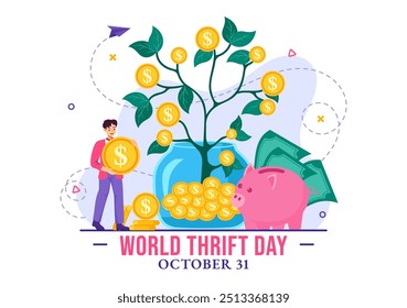 Ilustración vectorial del Día Mundial del Ahorro el 31 de octubre con una hucha y monedas para el ahorro, la educación financiera y la estabilidad económica en segundo plano