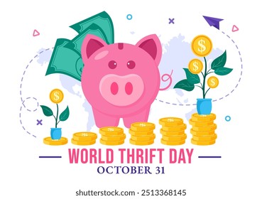Ilustración vectorial del Día Mundial del Ahorro el 31 de octubre con una hucha y monedas para el ahorro, la educación financiera y la estabilidad económica en segundo plano