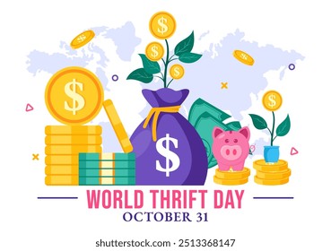 Ilustración vectorial del Día Mundial del Ahorro el 31 de octubre con una hucha y monedas para el ahorro, la educación financiera y la estabilidad económica en segundo plano