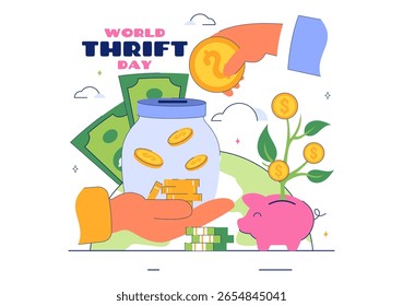 World Thrift Day Vector Illustration with a Piggy Bank and Coins, Representing Saving, Financial Literacy, and Economic Stability in a Background