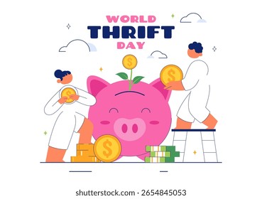 Ilustración vectorial del Día Mundial del Ahorro con una hucha y monedas, que representan el ahorro, la educación financiera y la estabilidad económica en un contexto