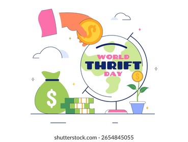 Ilustración vectorial del Día Mundial del Ahorro con una hucha y monedas, que representan el ahorro, la educación financiera y la estabilidad económica en un contexto