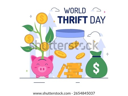 World Thrift Day Vector Illustration with a Piggy Bank and Coins, Representing Saving, Financial Literacy, and Economic Stability in a Background