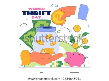 World Thrift Day Vector Illustration with a Piggy Bank and Coins, Representing Saving, Financial Literacy, and Economic Stability in a Background