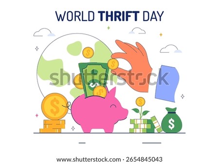 World Thrift Day Vector Illustration with a Piggy Bank and Coins, Representing Saving, Financial Literacy, and Economic Stability in a Background