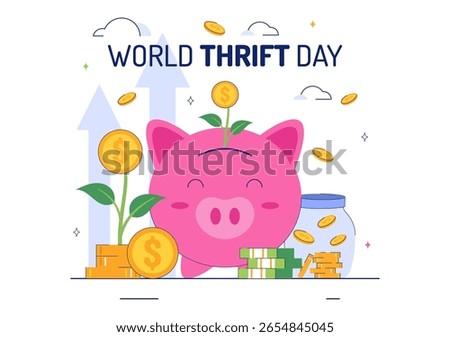 World Thrift Day Vector Illustration with a Piggy Bank and Coins, Representing Saving, Financial Literacy, and Economic Stability in a Background