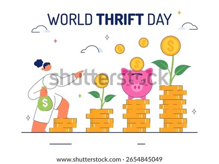 World Thrift Day Vector Illustration with a Piggy Bank and Coins, Representing Saving, Financial Literacy, and Economic Stability in a Background