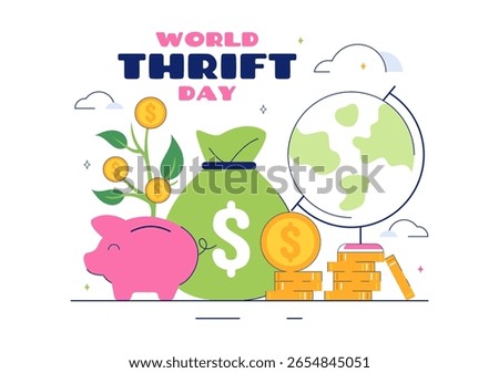 World Thrift Day Vector Illustration with a Piggy Bank and Coins, Representing Saving, Financial Literacy, and Economic Stability in a Background
