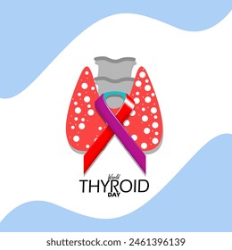 World Thyroid Day event banner. Illustration of the windpipe and thyroid with a three-color campaign ribbon on a white background to commemorate on May 25th