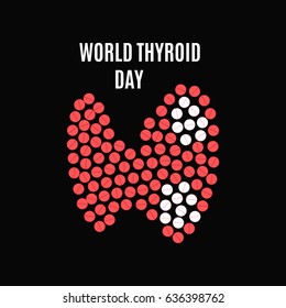 World Thyroid Day poster with thyroid gland made of pills on black background. Hyperthyroidism goiter symbol. Body anatomy sign. Human endocrine system. Medical internal organ vector illustration.