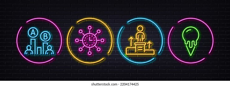 World time, Business podium and Ab testing minimal line icons. Neon laser 3d lights. Ice cream icons. For web, application, printing. Measurement device, Nomination, Test chart. Vanilla waffle. Vector