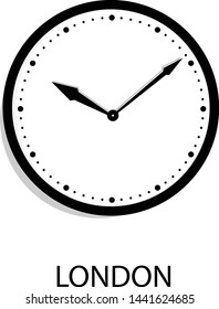World time clock London time. Wall office clock isolated on white background