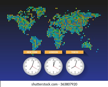 World time. Dotted world map with different time zone clocks