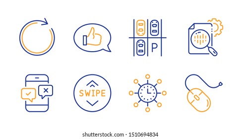 World time, Feedback and Swipe up line icons set. Parking place, Synchronize and Phone survey signs. Seo stats, Computer mouse symbols. Measurement device, Speech bubble. Technology set. Vector