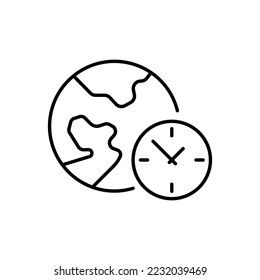 World time line icon. Time zone, time, date, day, hour, minute, place, side, season chronology, planet, timetable, countries. Time concept. Vector black line icon on a white background