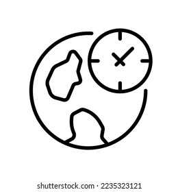 World time line icon. Time zone, time, date, day, hour, minute, place, side, season chronology, planet, timetable, countries. Time concept. Vector line icon on white background