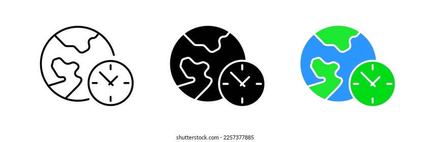 World time line icon. Time zone, time, date, day, hour, minute, place, side, season chronology, planet, timetable, countries. Vector icon in line, black and colorful style on white background