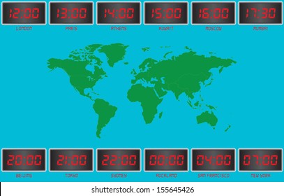 World Time on Digital Clocks London,Paris,Athens,Kuwait,Moscow,Mumbai,Beijing,Tokyo,Sydney,Auckland,San Fransisco and New York with a World Map in the Background