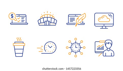 World time, Online accounting and Takeaway line icons set. Cloud storage, Fast delivery and Arena stadium signs. Copyright laptop, Presentation symbols. Measurement device, Web audit. Vector