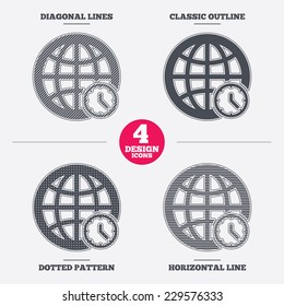 World time sign icon. Universal time globe symbol. Diagonal and horizontal lines, classic outline, dotted texture. Pattern design icons.  Vector