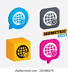 World time sign icon. Universal time globe symbol. Isometric speech bubbles and cube. Rotated icons with edges. Vector
