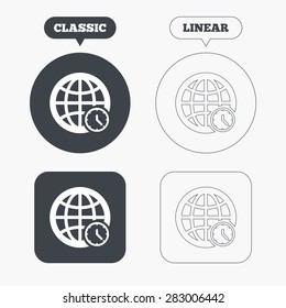 World time sign icon. Universal time globe symbol. Classic and line web buttons. Circles and squares. Vector