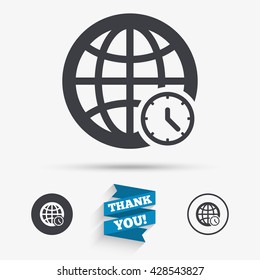 World time sign icon. Universal time globe symbol. Flat icons. Buttons with icons. Thank you ribbon. Vector