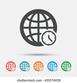 World time sign icon. Universal time globe symbol. Graphic element on white background. Colour clean flat world time icons. Vector