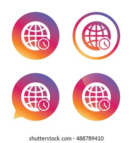 World time sign icon. Universal time globe symbol. Gradient buttons with flat icon. Speech bubble sign. Vector