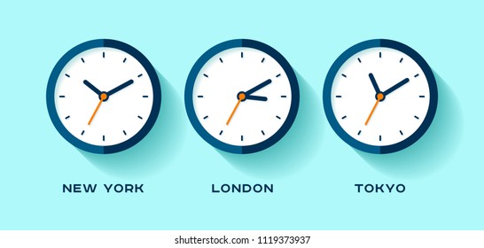 World time. Simple Clock icons in flat style. New York, London, Tokyo. Watch on blue background. Business illustration for you presentation. Vector design objects.