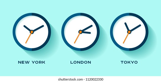 Hora del mundo. Iconos de Reloj simple en estilo plano. Nueva York, Londres, Tokio. Mira el fondo azul. Ilustración empresarial para su presentación. Objetos de diseño de vectores.