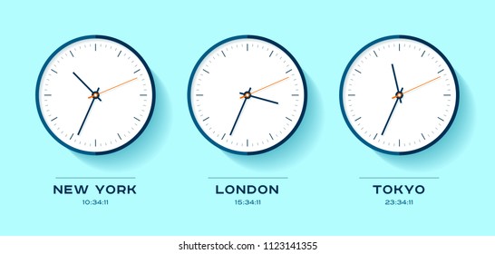 World time. Simple Clock icons in flat style. New York, London, Tokyo. Watch on blue background. Business illustration for you presentation. Vector design objects.