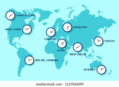 World time. Simple Clock icons on world map. Objects in flat style. New York, London, Tokyo. Watch on blue background. Business illustration for you presentation. Vector design objects.