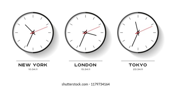 World time. Simple Clock icons in flat style. New York, London, Tokyo. Watch on white background. Business illustration for you presentation. Vector design objects.