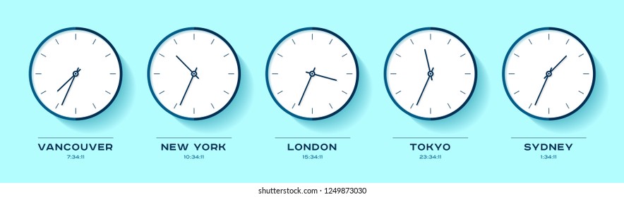 World time. Simple Clock icons in flat style. Vancouver, New York, London, Tokyo, Sydney. Watch on color background. Business illustration for you presentation. Vector design objects.