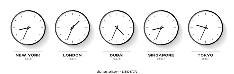 World time. Simple Clock icons in flat style. New York, London, Dubai, Singapore, Tokyo. Black Watch on white background. Business illustration for you presentation. Vector design objects