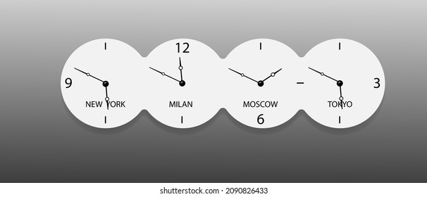 World time. Simple clock icons in flat style. New York, Milan, Moscow, Tokyo. White clock on a gray background. Business illustration for presentation. Vector design