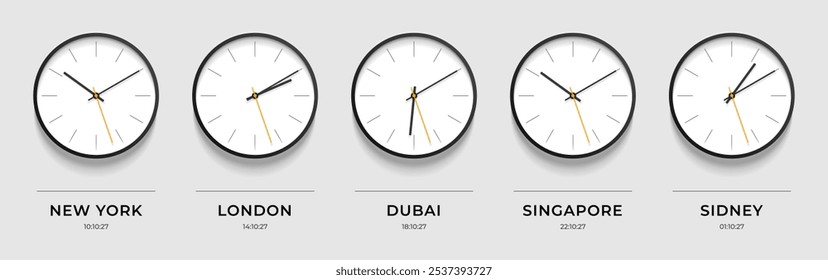 World time. Simple Clock icons in realistic flat style. New York, London, Dubai, Singapore, Sidney. Classic watch on gray background. Business illustration for you presentation. Vector design objects