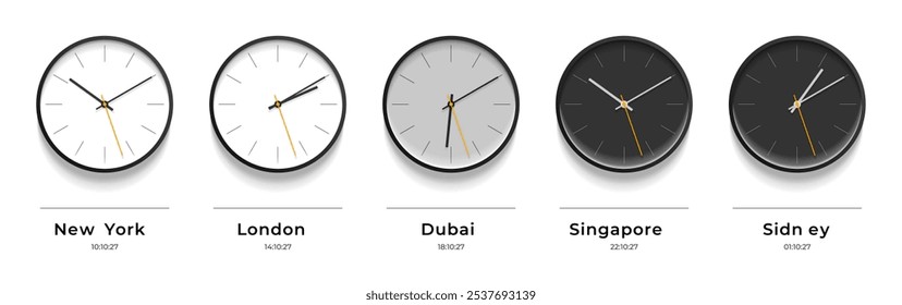 World time. Simple Clock icons in realistic flat style. New York, London, Dubai, Singapore, Sidney. Classic watch on gray background. Business illustration for you presentation. Vector design objects