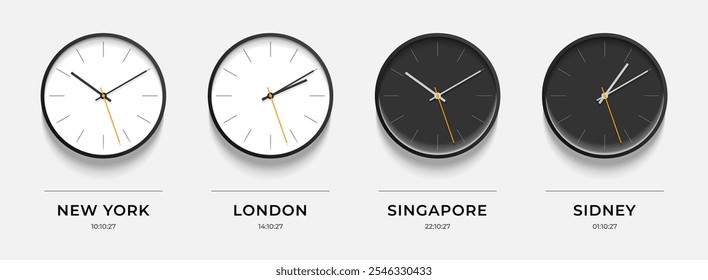 World time. Simple Clock icons in realistic flat style. New York, London, Singapore, Sidney. Classic watch on gray background. Business illustration for you presentation. Vector design objects