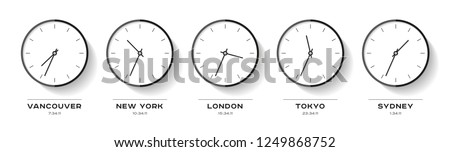 World time. Simple Clock icons in flat style. Vancouver, New York, London, Tokyo, Sydney. Black Watch on white background. Business illustration for you presentation. Vector design objects.