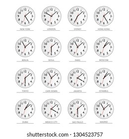 World time. Watch. Time zones Vector flat illustration