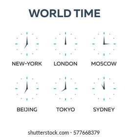World time. Watch. Time zones Vector flat illustration