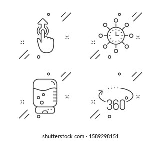 World time, Water cooler and Swipe up line icons set. 360 degrees sign. Measurement device, Office drink, Touch technology. Full rotation. Technology set. Line world time outline icon. Vector