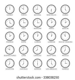 World Time Zone. Clock icon set, Vector illustration
