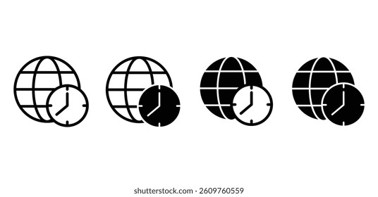 World Time Zone Icons Black and White Globe and Clock Set Vector Design
