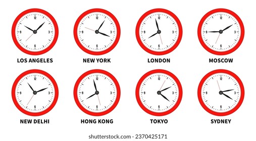 World Time Zones, eight different cities. Los Angeles, New york, London, Moscow, New Delhi. Hong Kong, Tokyo, Sydney. Clocks for time zones of different cities. Vector illustration