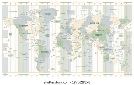 World Time Zones Map. Detailed World Map with Countries Names. Vector Illustration.